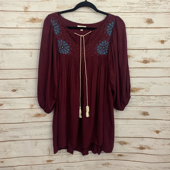 UMGEE Burgundy Boho Tassel Tie Tunic Dress…
